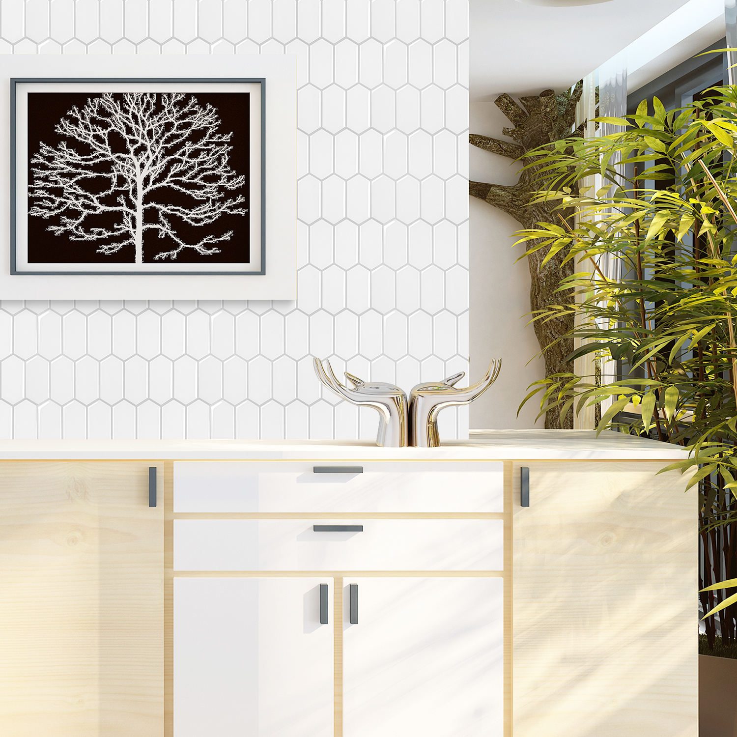 Hexagonal peel and stick self-adhesive tile, modern geometric look